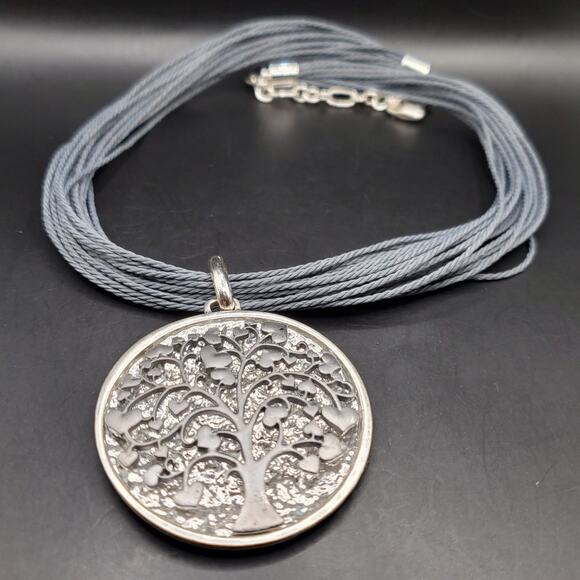 Tree of Life Pendant Necklace Silver Tone Multi-Strand Cord Adjustable Choker - Picture 3 of 9